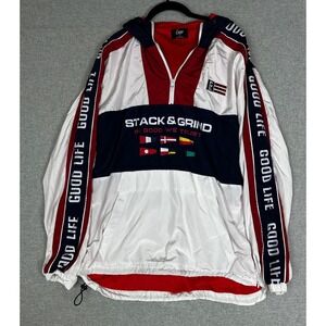 Camp Stack Grind Windbreaker Jacket Mens Large Red White Blue Quarter Zip Hooded